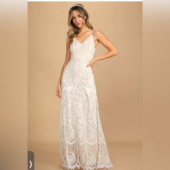 Lulus Dresses & Skirts - NWOT Lulus Flynn White Lace Maxi Dress Beige Lining Wedding Bridal Dress💎